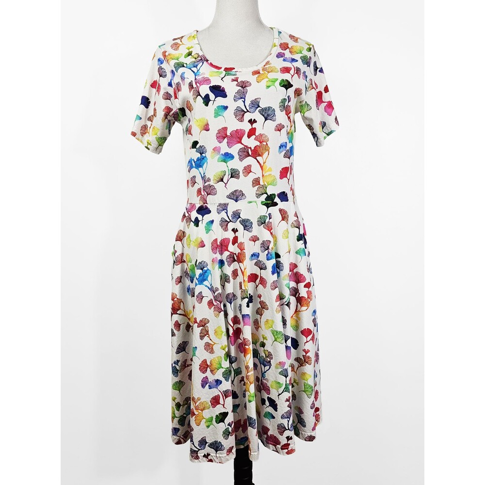 Svaha Medium Rainbow Ginko Leaves Twirl Dress Organic Cotton Colorful Vibrant